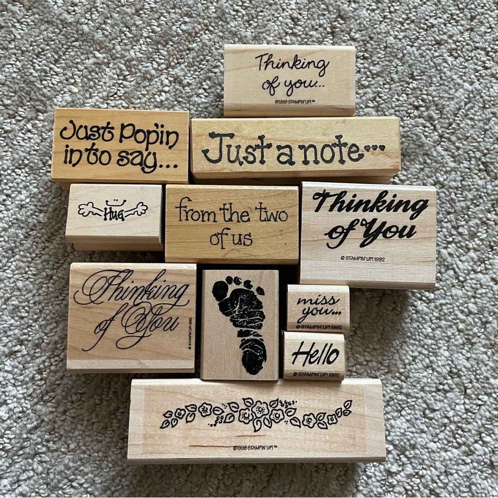 Set of 11 Greeting Stamps, Card Sentiment Wooden Rubber Stamp Collection